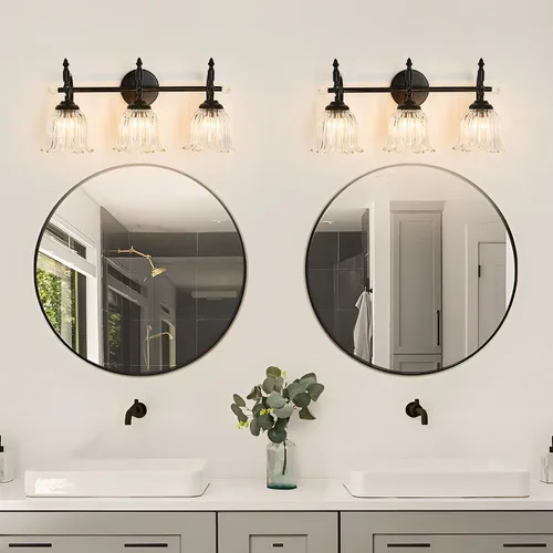 Miniatura 6 de CVKASH Accesorios de Lámpara de Tocador de Baño de 3 Luces Sobre Espejo, Lámpara de Tocador Moderna Negra con Pantalla de Vidrio, Aplique de Pared