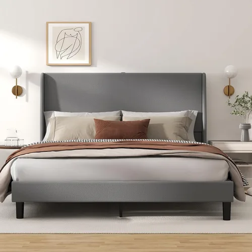 Miniatura 16 de GTPLAYER Base de cama de tamaño matrimonial, base de cama tapizada con cabecera alta con respaldo de alas, tela de terciopelo suave, no necesita