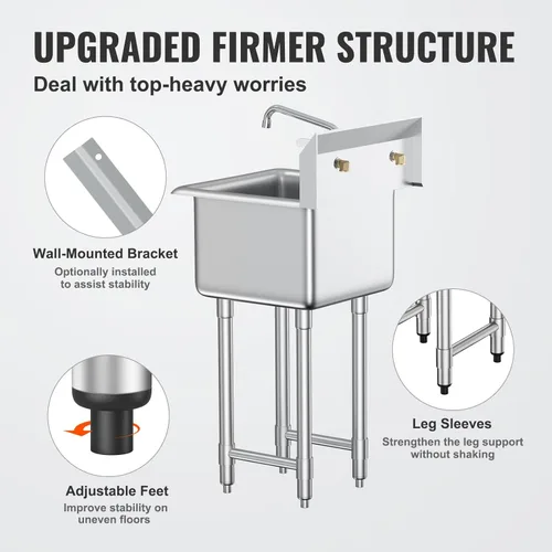 Miniatura 4 de VEVOR Fregadero de acero inoxidable para preparación y utilidad, fregadero pequeño de pie con 1 compartimento, incluye grifo y patas, fregaderos