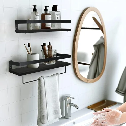 Miniatura 2 de Y&ME YM Estantes flotantes negros con toallero, juego de 2 estantes de baño para colgar en la pared, estantes decorativos flotantes de madera
