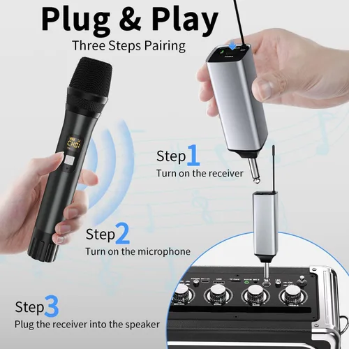 Miniatura 7 de Micrófono inalámbrico, sistema de micrófono dinámico inalámbrico de metal dual UHF de mano con receptor recargable, rango de 200 pies, para karaoke