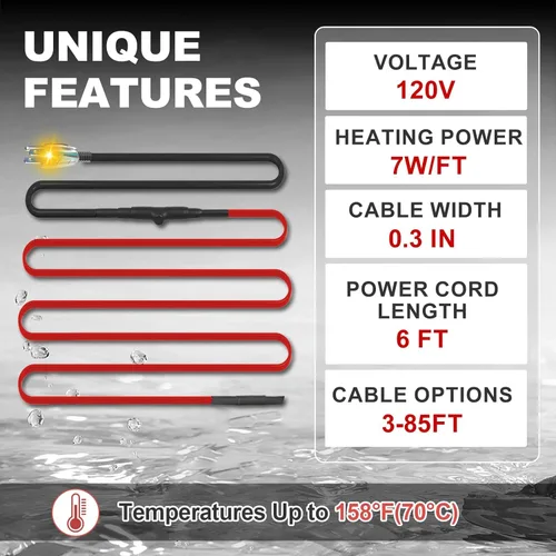 Miniatura 6 de MAXKOSKO Cable calefactor para tubería de 7 pies para protección contra congelamiento de tuberías de agua, cinta calefactora para tuberías