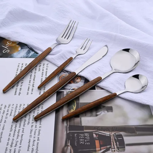 Miniatura 8 de Juego de cubiertos de acero inoxidable con mango de efecto de madera Cubiertos pulidos con espejo plateado, utensilios de cocina para el hogar