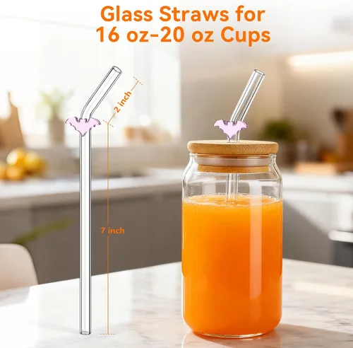 Miniatura 5 de Pajitas de cristal hechas a mano con dije de murciélago – Pajitas de borosilicato dobladas reutilizables de 9 pulgadas para vasos de 16 oz/20 onzas