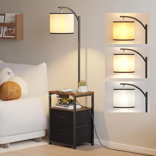 Miniatura 8 de Lámpara de pie SUNMORY con mesa y 2 cajones, lámpara con puerto USB y toma de corriente, lámparas para mesita de noche con bombilla LED de 3