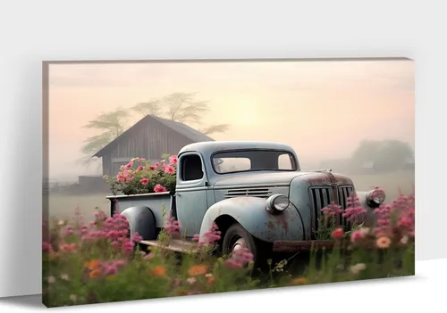 Miniatura 16 de Lienzo de pared de camión antiguo de granja, arte de pared de granero rústico, impresiones de lienzo de camioneta vintage de campo, impresiones