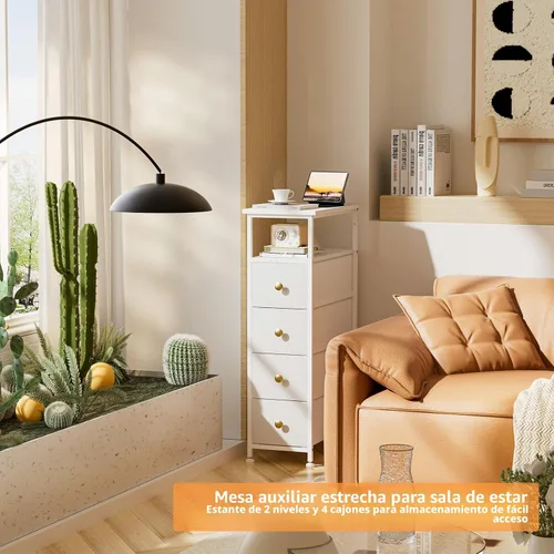 Miniatura 6 de Cómoda estrecha para dormitorio, torre de almacenamiento delgada, cómoda de 4 cajones de tela con estante de madera, organizadores de baño