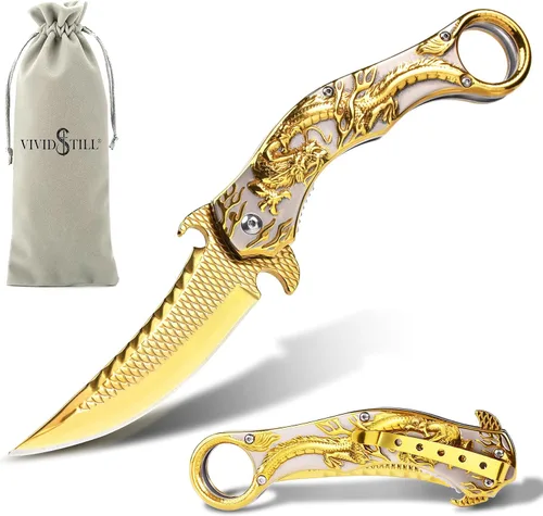 Miniatura 8 de Vividstill Cuchillo de bolsillo para hombres, cuchillo plegable genial con relieve de dragón azul en 3D, gran regalo de cuchillo EDC para hombres