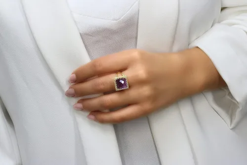 Miniatura 5 de Intrincado anillo de piedra natal de febrero, anillo de amatista en doble banda chapada en oro de 14 quilates, joyería de amatista hecha a mano