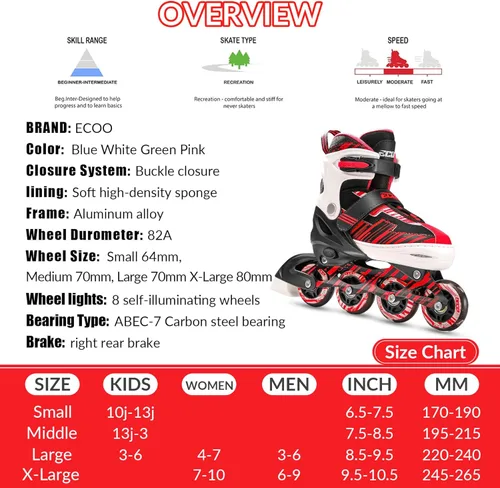 Miniatura 6 de Patines en línea ajustables para niños y niñas de 5-8 y 8-12 años con ruedas iluminadas, patines para niños de 4-12 años, patines para adolescentes