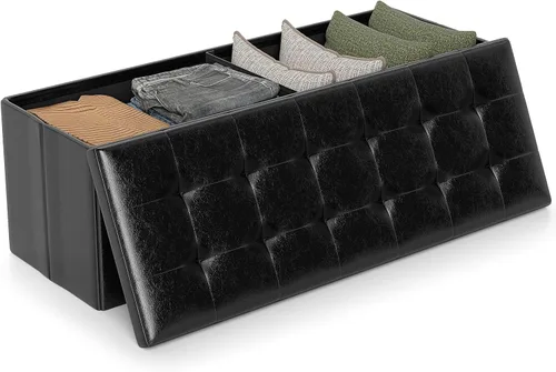 Giantex Banco Otomano de Almacenamiento Plegable de 43 Pulgadas, Baúl de Almacenamiento Tapizado en Cuero PU con Bolsillo Lateral, Asiento