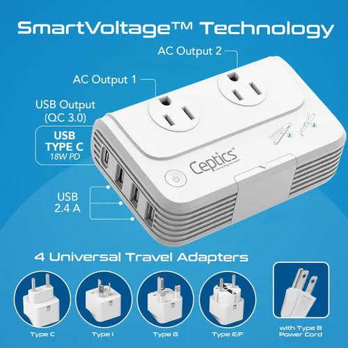 Miniatura 4 de Adaptador de conexión universal a tierra Ceptics, 4 USB + convertidores 150 W, Blanco
