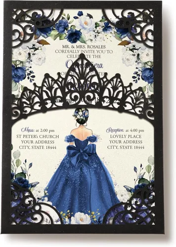 Miniatura 22 de 50 invitaciones de quinceañera con corona negra perlada cortada con láser Invitaciones de cumpleaños florales burdeos para Sweet 16/Miss XV