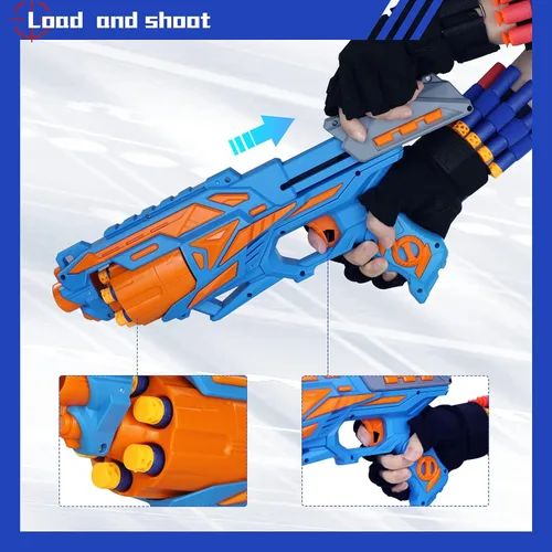 Miniatura 6 de POKONBOY Paquete de 2 Pistolas Lanzadoras de Espuma de Juguete, Pistola de Juguete Lanzadora con 2 Muñequeras y 80 Dardos de Recambio, Tambor Azul