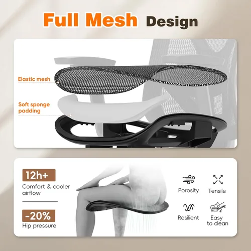 Miniatura 8 de GABRYLLY Silla de oficina ergonómica con reposapiés, silla de escritorio reclinable de 135° con soporte lumbar ajustable, reposabrazos 3D, Negro