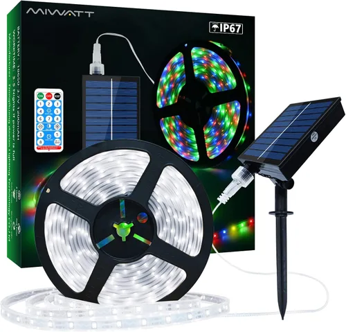 Miniatura 16 de MIHEAL Tira de luces LED solares para exteriores, 16.4 pies, 280 luces LED, funciona con energía solar, tira LED que cambia de color con 8 modos