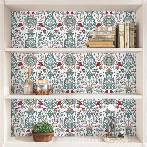 Miniatura 5 de CRE8TIVE Papel tapiz bohemio de 24 x 118 pulgadas, diseño floral árabe, papel tapiz removible, papel tapiz de vinilo verde/rojo/amarillo para pared