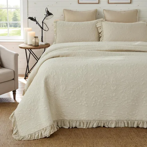 Miniatura 2 de Brandream Juego de Edredón Tamaño Queen de Algodón Beige con Estampado Floral y Enredaderas Matelassé Juego de Colcha con Volantes 3 Piezas