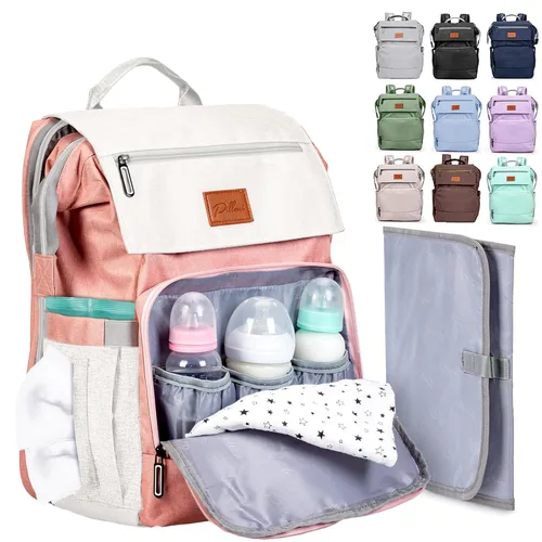 Miniatura 14 de PILLANI Mochila para Pañales de Bebé - Bolsa Grande para Niños y Niñas, Mochila Impermeable para Pañales - Bolsas de Pañales de Viaje con R. Beige