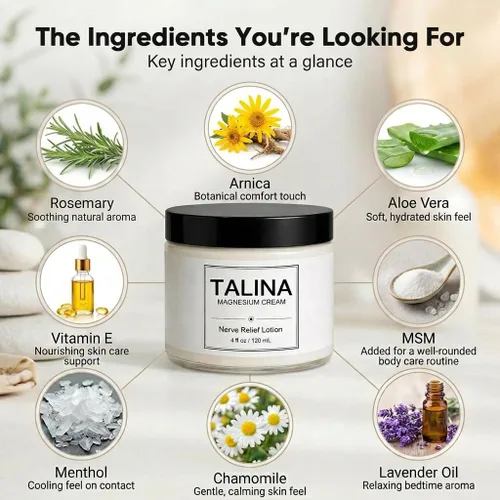 Miniatura 4 de TALINA Loción para aliviar los nervios, crema de cloruro de magnesio, crema neuropatía para pies y piernas con árnica montana, extracto de aloe