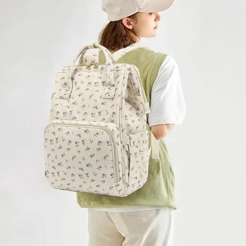 Miniatura 2 de Mochila de ante para pañales para bebés, niñas y niños, grandes bolsas de pañales para mamá (Corderoy beige floral púrpura)