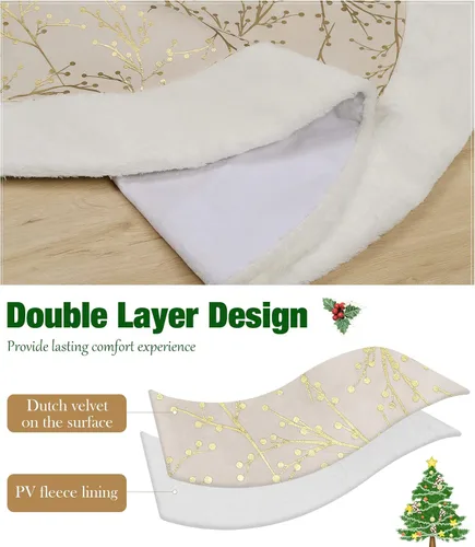 Miniatura 3 de Lewondr Falda de árbol de Navidad de 48 pulgadas, copos de nieve de lentejuelas doradas de felpa blanca para decoración de árbol de Navidad, beige