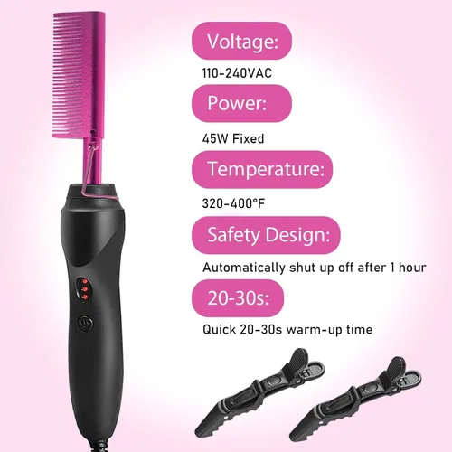 Miniatura 3 de Goiple Peine caliente eléctrico alisador de pelo rosa, peine alisador eléctrico para pelucas de cabello negro natural con diente ancho/cola de rata