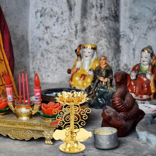 Miniatura 8 de 2 portavelas de loto de aleación dorada, soporte de lámpara de mantequilla budista para meditación, altar del hogar y decoración del templo, diseño