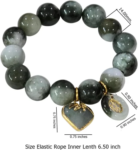 Miniatura 3 de Pulsera de jade tailandés de 0.55 pulgadas – Cuentas redondas a rayas verdes naturales Pulsera elástica de energía curativa con dije de corazón