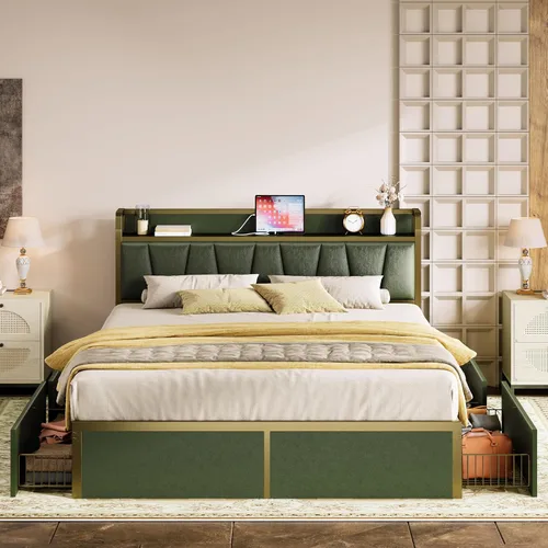 LIKIMIO Armazón de cama Queen con 4 cajones de almacenamiento, cama de plataforma con cabecera con carga, resistente y estable, sin ruido, no Verde