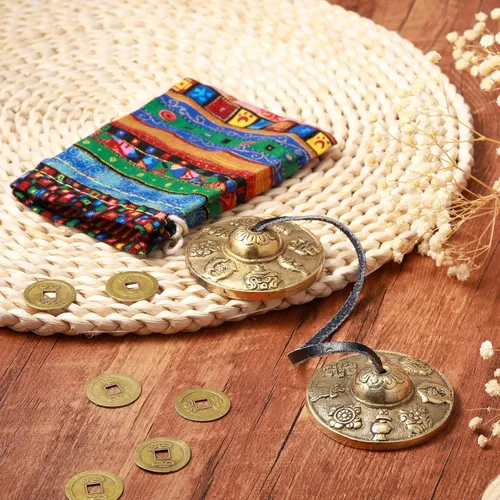 Miniatura 6 de Boao Campanas tibetanas Tingsha, platillos de meditación con bolsa de tela con cordón tibetano, timbre de meditación para instrumentos de percusión
