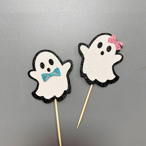 Miniatura 7 de 24 piezas de adornos de Halloween para cupcakes fantasmas, palillos de revelación de género para niños y niñas, adornos para tartas rosas y azules