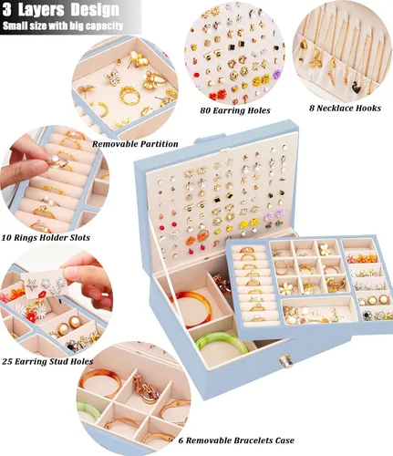 Miniatura 182 de Joyero de pendientes para mujeres y niñas, organizador de aretes de 5 capas, caja organizadora de joyas blanca con candado, collares y aretes