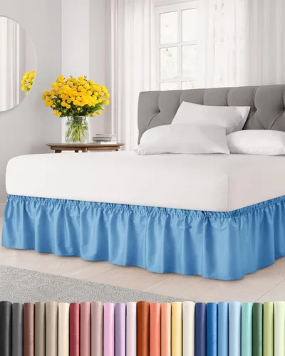 CGK Linens - Falda de cama envolvente con volantes, color azul mezclilla, para camas de tamaño matrimonial con altura de 18 pulgadas sin arrugas, 20