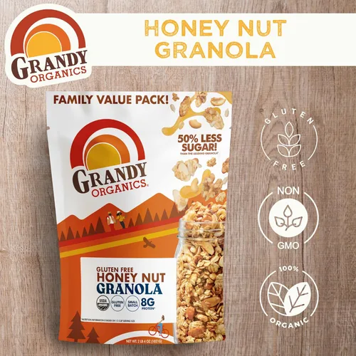 Miniatura 6 de Grandy Organics Granola sin gluten de nuez de miel, certificada orgánica, sin OMG, bajo azúcar, tamaño familiar, bolsas de 2 libras, paquete a
