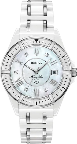 Bulova Ladies' Marine Star 'Series L' 3-Hand Day Date Quartz Diamond Ceramic Watch, Sapphire Crystal, 100M Water Resistant, Mother-of-Pearl Dial,