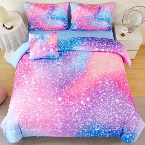 Miniatura 16 de RYNGHIPY Juego de ropa de cama tamaño matrimonial de sirena para niñas, colorido arco iris, juego de edredón con sábanas suaves y ligeras, 6 piezas