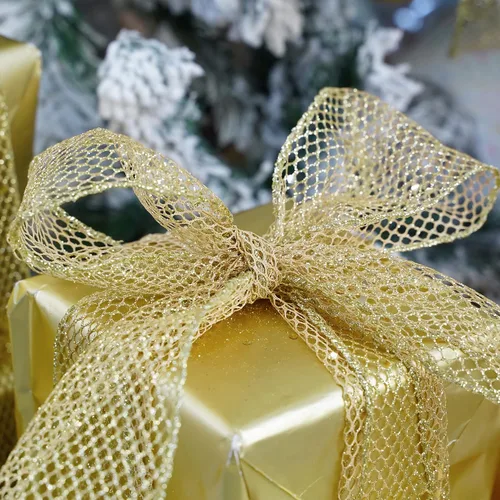 Miniatura 5 de HUIHUANG Cinta de malla con alambre con purpurina dorada, cinta metálica con borde de alambre brillante para envolver regalos, hacer coronas, lazos