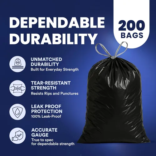 Miniatura 4 de Plasticplace Bolsas de basura extra altas con cordón de 13 galones Negro 1.2 mil, 24 pulgadas de ancho x 31 pulgadas de alto, 200
