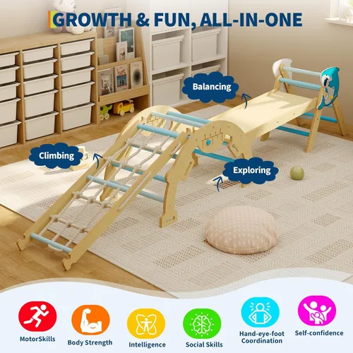 Miniatura 7 de Juguetes de escalada 4 en 1 para niños pequeños con rampa, arco y escalera, juego de triángulos Pikler con construcción de madera, juego de escalada
