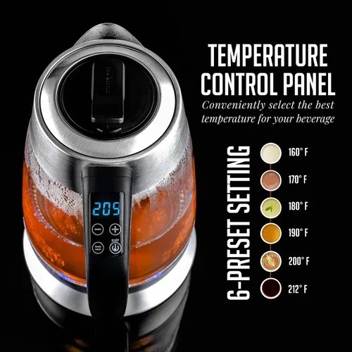 Miniatura 2 de OVENTE Hervidor Eléctrico de Vidrio 1.8 Litros sin BPA - 1500W con Infusor de Acero Inoxidable, Control de Temperatura Ajustable, Apagado KG661S