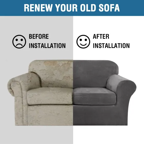 Miniatura 8 de H.VERSAILTEX Fundas de Sofá Elásticas de Terciopelo Real Suave de 3 Piezas Fundas de Sofá para Sofá de 2 Cojines Fundas de Loveseat con Ancho de Gris