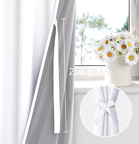 Miniatura 4 de XWZO Cortinas blancas 100% opacas con alzapaños, 2 capas gruesas completamente sombreadas con bolsillo para barra y pestaña trasera, cortinas