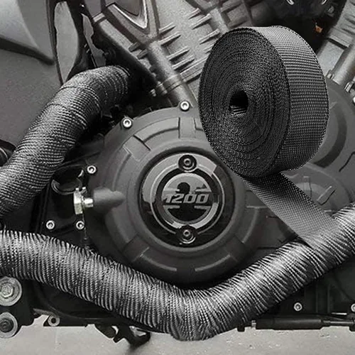 Miniatura 7 de CARDI Envoltura Térmica de Escape Negra de 2" x 16' de Fibra de Vidrio para Motocicleta con 8 Amarres de Acero Inoxidable Negros y Guantes