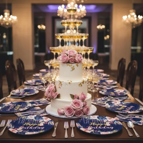 Miniatura 5 de Juego de 97 platos y servilletas de cumpleaños, color azul marino, oro rosa, para mujeres y niñas, platos de papel floral, vajilla, mantel