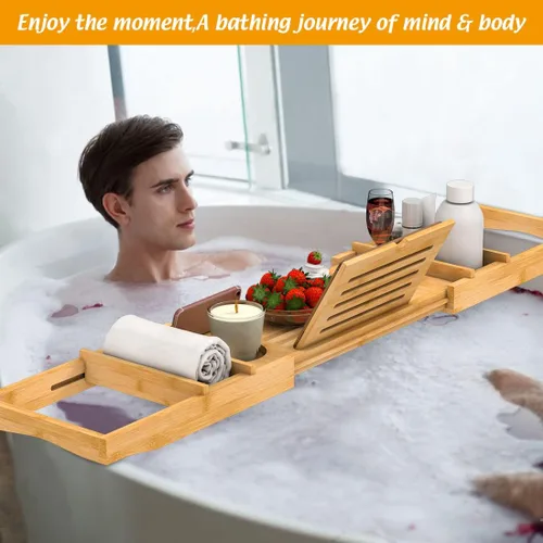 Miniatura 5 de Bandeja de Bañera de Bambú para Baño de Lujo, Bandeja de Baño Premium Expandible con Soporte para Jabón/Toalla/Libro, Accesorios de Baño Ajustables
