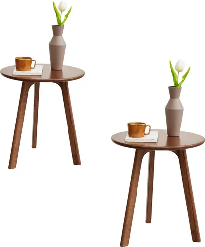 Miniatura 16 de Mesa auxiliar redonda 100% roble macizo, mesa auxiliar pequeña para espacios pequeños, mesas auxiliares de sala de estar de 3 patas con marco Nogal