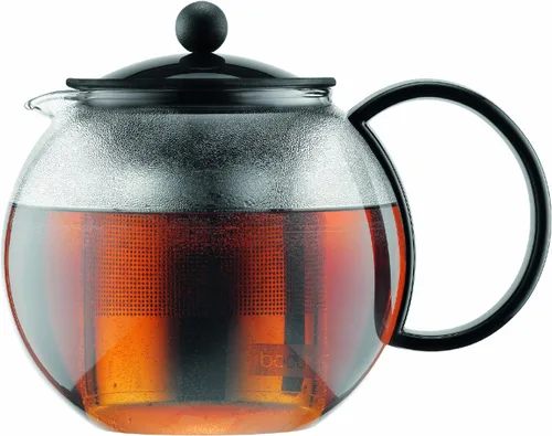 Bodum Prensa de té de vidrio Assam de 34 oz con filtro de acero inoxidable, tapa de plástico negro
