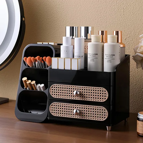 Aveniee Organizador de maquillaje con cajones, gran organizador de encimera de baño para tocador, almacenamiento de cosméticos de escritorio para