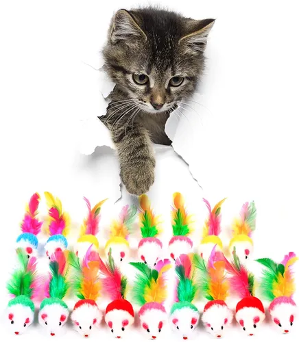 FYNIGO Paquete de 17 juguetes interactivos para gatos de interior, ratones de felpa acentuados con hierba gatera con colas de plumas y sonido de